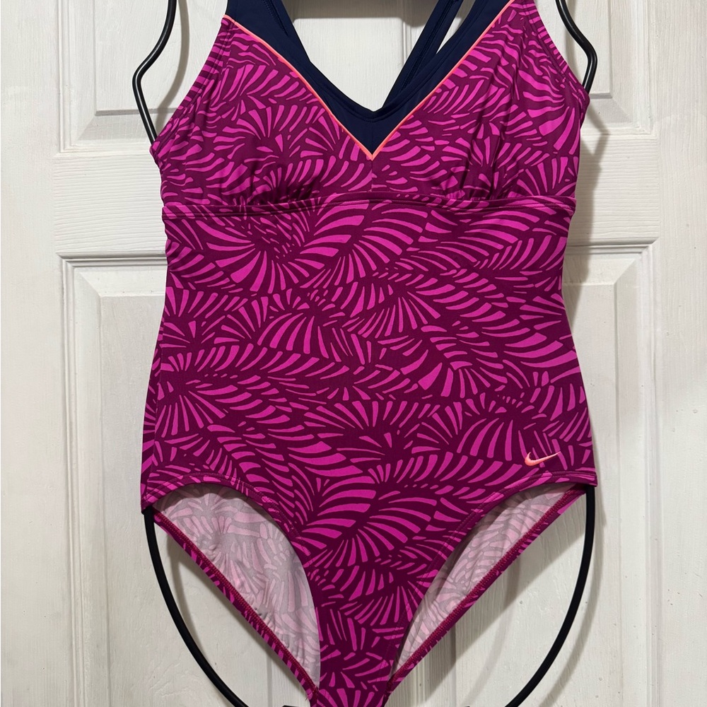 Nike Women's Dark Pink and Purple Patterned One Piece Swimsuit